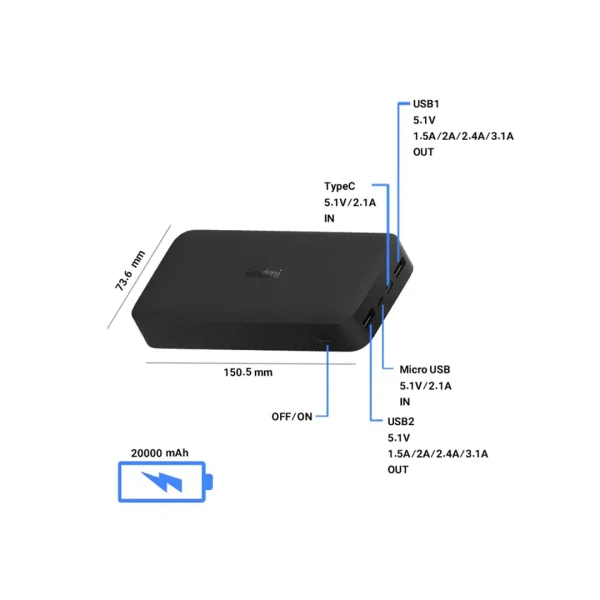 پاوربانک فست شارژ 20000 میلی آمپر شیائومی مدل Redmi PB200LZM