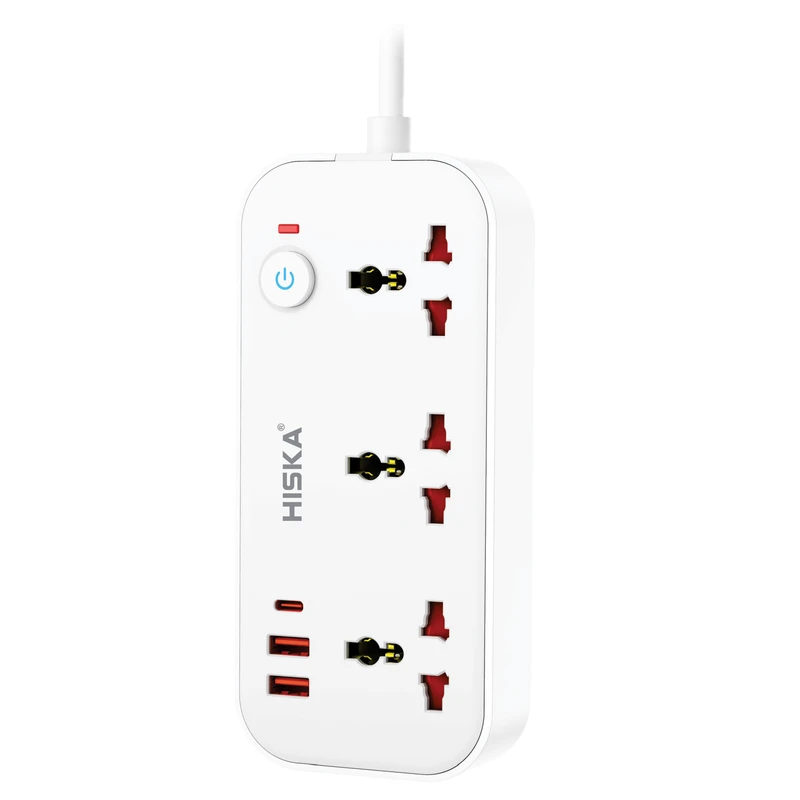 نمای روبروی سه راهی برق هیسکا مدل CH-5511 با سه پریز، پورت‌های USB و کلید روشن و خاموش