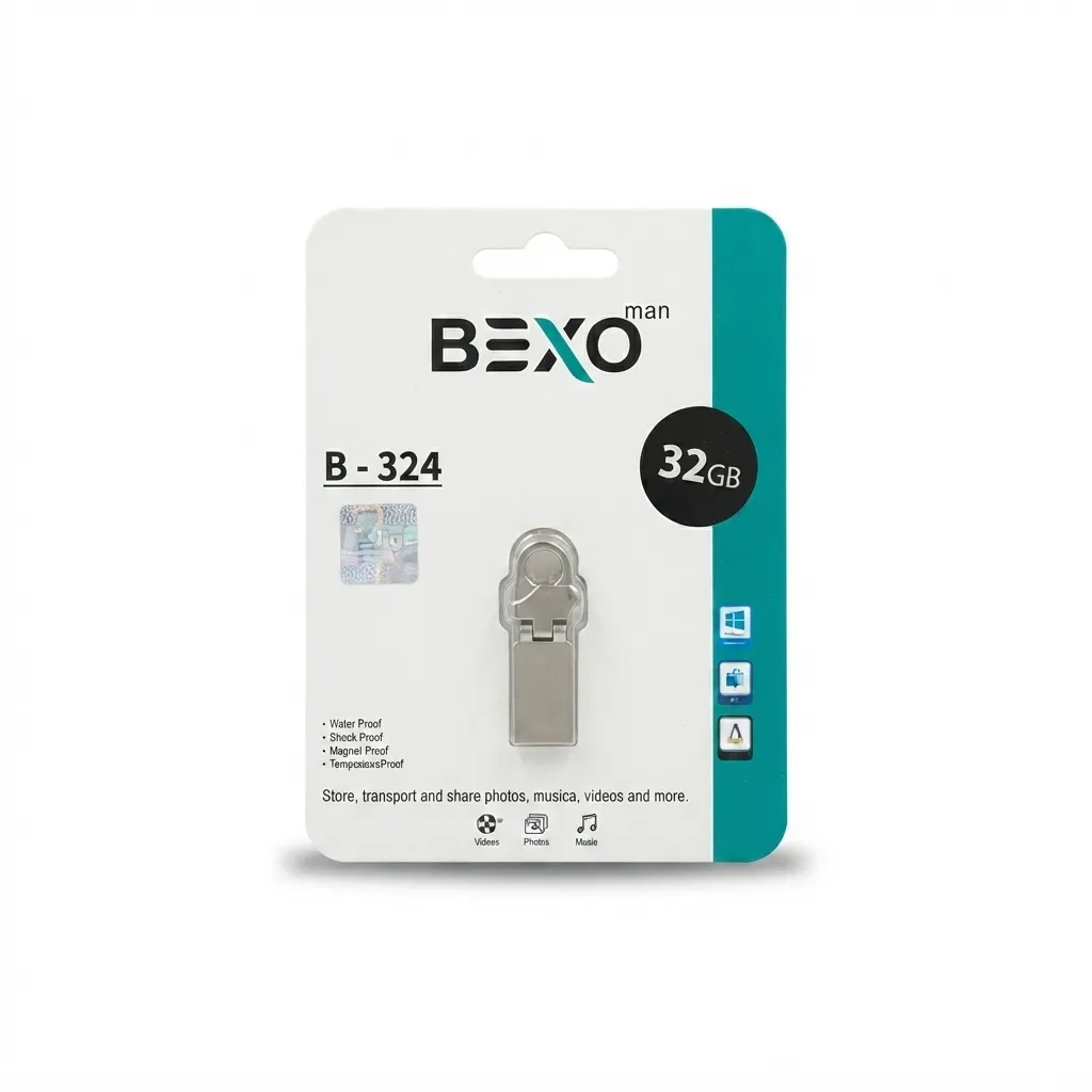 Alt Text: فلش مموری بکسو B-324 ظرفیت 32 گیگابایت USB2.0 با طراحی کوچک و کاربردی