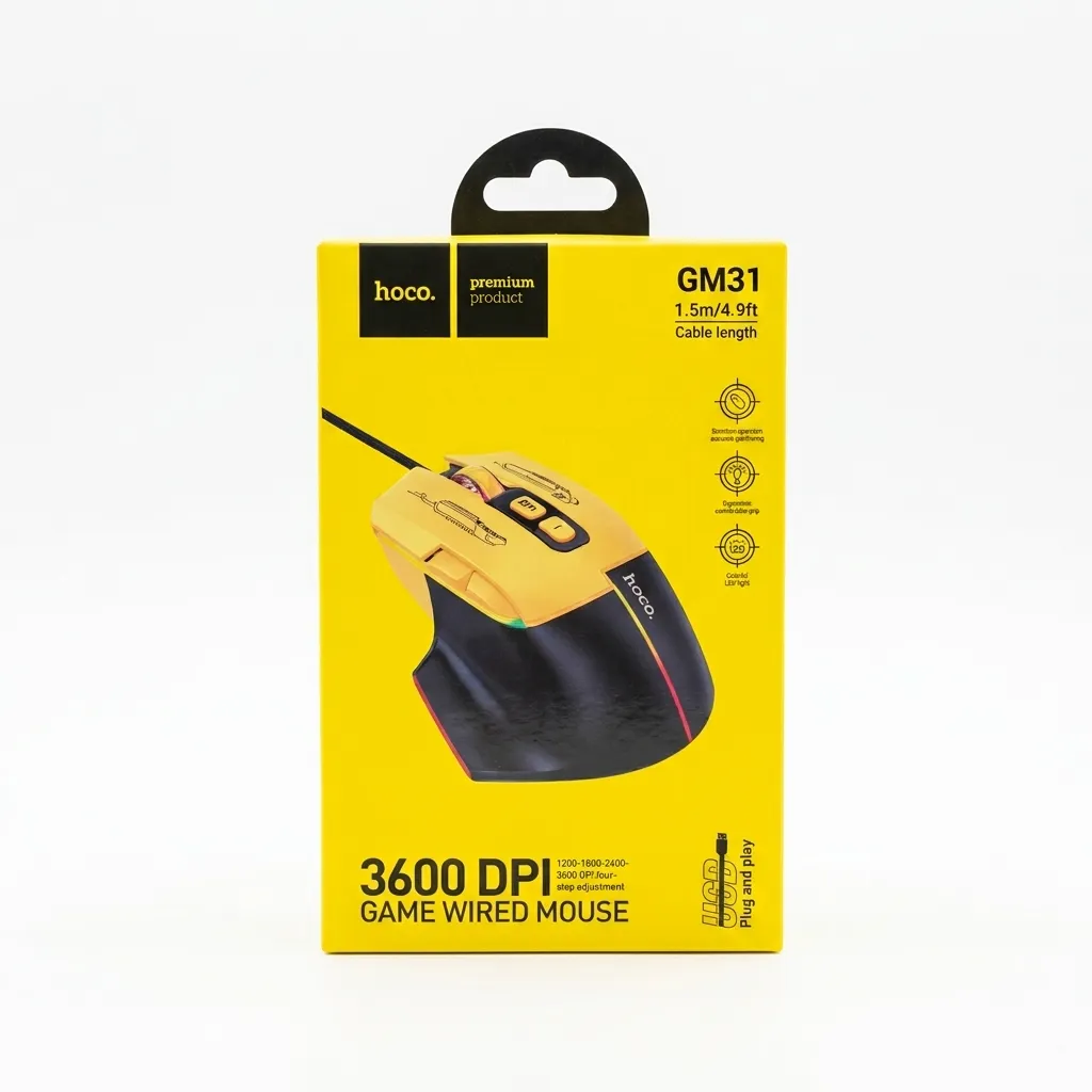 موس گیمینگ هوکو مدل GM31 سیم دار رنگ مشگی-زرد